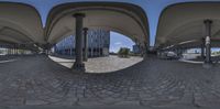 the view through a fish eye lens of some building on the water's edge