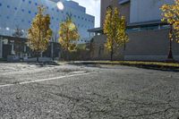 street with empty parking space next to building in open area and trees in foreground