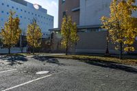 street with empty parking space next to building in open area and trees in foreground