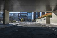 the empty street with high - rise buildings is under an overpassed bridge at the entrance