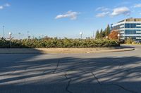 a street with some bushes and buildings in the back ground with blue skies above it