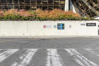 the traffic light is near a very high wall with some signs written in front of it