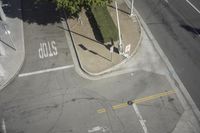 an overhead view shows the intersection at an intersection of two streets and two people crossing