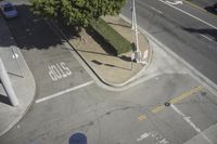 an overhead view shows the intersection at an intersection of two streets and two people crossing