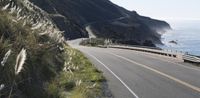 the road passes along the coast line beside cliffs and water with reed stalks on both sides