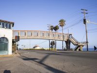 traffic signals hang above an intersection on a beachfront road with palm trees and cars passing underneath it