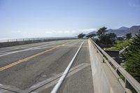 a paved highway along the coast with a bridge and two lanes of asphalt, with a large tree beside it