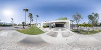 a house on a skateboard ramp with palm trees in the background and people standing around