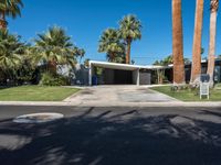 the entrance of a modern house, with palm trees and an asphalt driveway in front