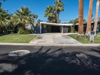 the entrance of a modern house, with palm trees and an asphalt driveway in front