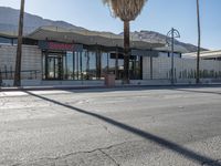 a storefront with mountains in the background and palm trees in front of it,