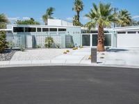 a large house with palm trees in front of it and white doors that open onto a gravel driveway