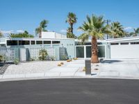 a large house with palm trees in front of it and white doors that open onto a gravel driveway