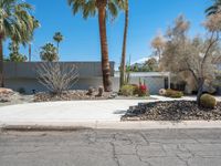 a desert home is shown with many shrubs in the front yard and a street corner