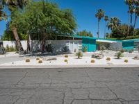 the exterior of an old mid century home with cactus bushes and cacti bushes