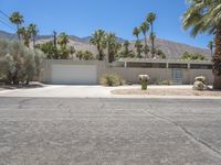 the exterior of a home in palm springs with a garage surrounded by trees and bushes