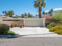 this white home is located with several palm trees and landscaping around it, along the curb