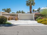 this white home is located with several palm trees and landscaping around it, along the curb