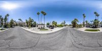 a street with palm trees and a blue sky above it in the background is an empty street