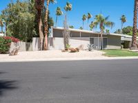 the front of a very modern house with lots of palm trees near it and a picnic table on the side of the driveway