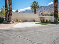 a paved driveway surrounded by palm trees next to a fence and stone wall with mountains