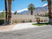 a paved driveway surrounded by palm trees next to a fence and stone wall with mountains