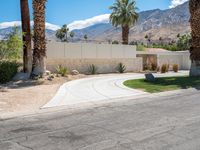 a paved driveway surrounded by palm trees next to a fence and stone wall with mountains