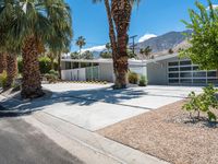 the front driveway has been paved with gravel in it and palm trees around the house