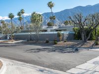 an empty driveway in front of mountains, palm trees and other architecture features throughout the space