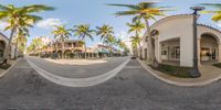 a double exposure fisheye lens image shows a street corner in palm tree - lined district