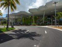 large modern building with large palm trees and other decorations on each corner of the entrance