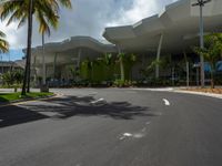 large modern building with large palm trees and other decorations on each corner of the entrance