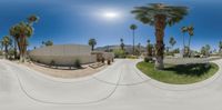 the view through a 360 - view lens on a small road in front of palm trees