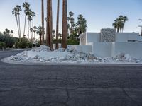 white building with palm trees and rocks surrounding it on an empty street surface with a gray truck in the distance