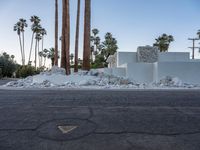 white building with palm trees and rocks surrounding it on an empty street surface with a gray truck in the distance