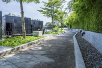 the walkway around a building in an urban area, is lined with plants and trees