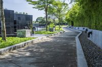 the walkway around a building in an urban area, is lined with plants and trees