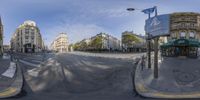 two panoramic lens shots showing a city street and people walking down the sidewalk