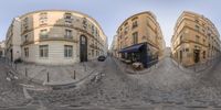 a street corner is turned to look like it is taken from the same angle as the whole image is