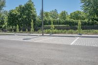 a tree line with benches on a brick street with trees in the background at a park