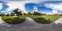 a view of a park and some trees with blue skies with clouds in the background