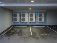 a parking lot with multiple rows of air conditioners and one unit without any windows