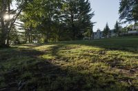 grassy field with houses and trees in the background that is partly sunny in early morning