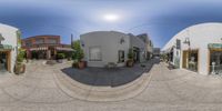 this circular panorama has several different building in it in the afternoon and afternoon time, showing a restaurant at the end and a coffee shop