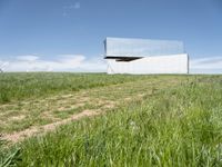 a reflection on the mirror of an empty building in the grass and weeds in the foreground