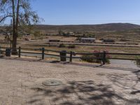 a paved path between two trees and in the distance are homes and a fence, in the background