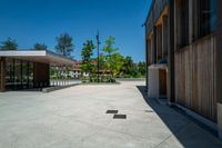 a paved concrete plaza with benches and trees in front of a building with two doors