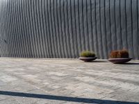 two large planters on a brick sidewalk in front of a wall with metallic siding