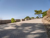 the paved road has a bench on it overlooking the sea and mountainside with trees