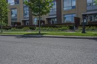 a paved road with two trees and lawns next to multi - unit building complex